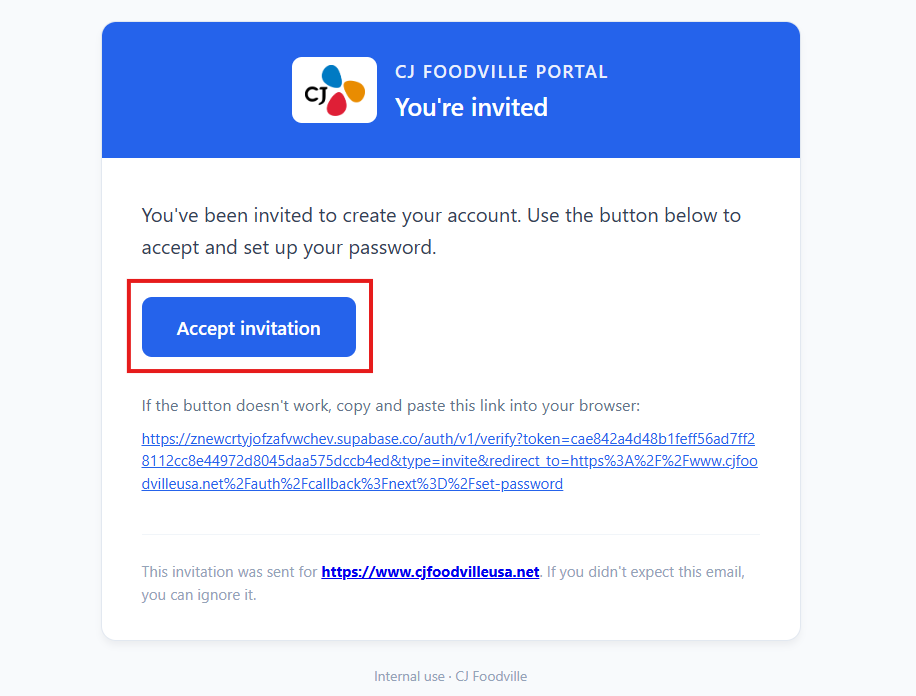 Opened invitation email with the call-to-action link visible