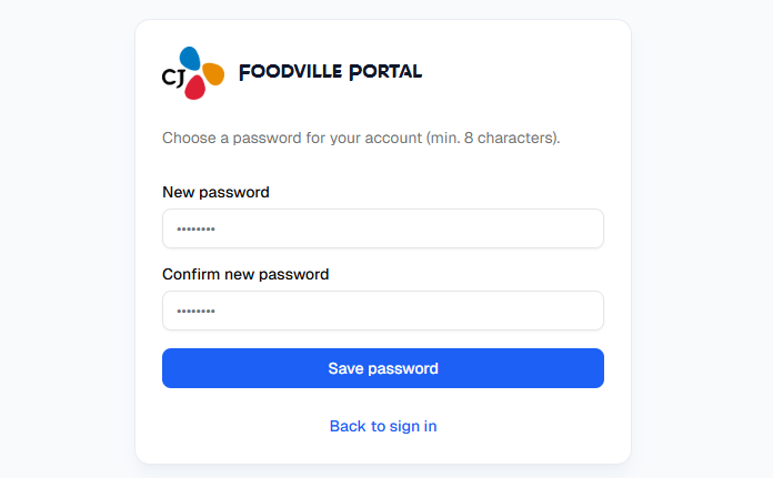 Set password form with New password, Confirm new password, and Save