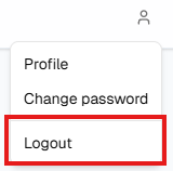 Account dropdown open with Logout at the bottom