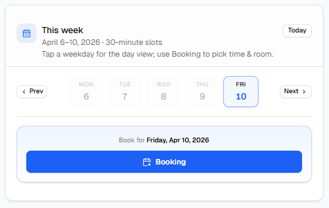 This week card with weekday chips and Booking button