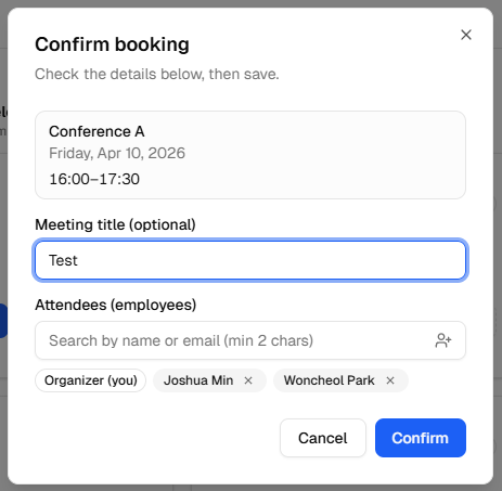 Confirm booking dialog with title and attendees fields