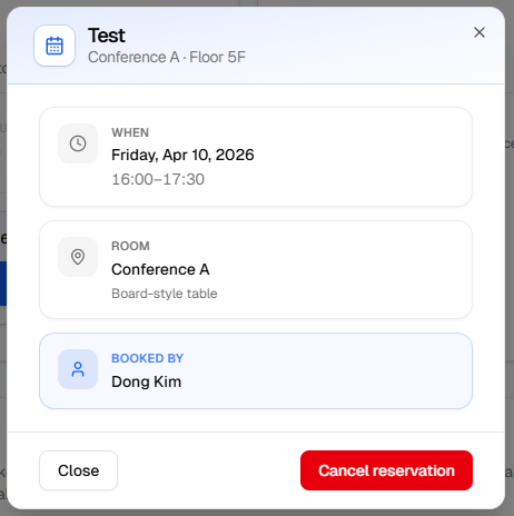 Reservation detail dialog with Close and Cancel reservation