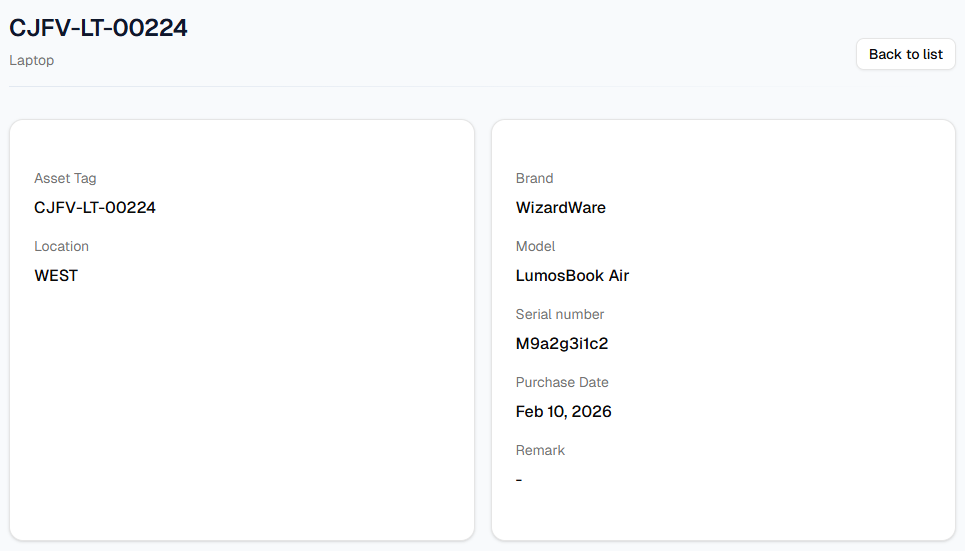 Asset detail page after opening an Asset Tag link